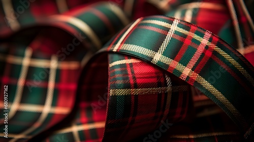 close-up of traditional red and green plaid christmas ribbon
