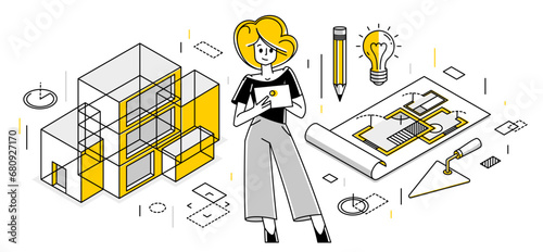 Construction engineer working on a project, building architecture designer vector outline trendy illustration, professional in a work line drawing. Occupation builder architect.