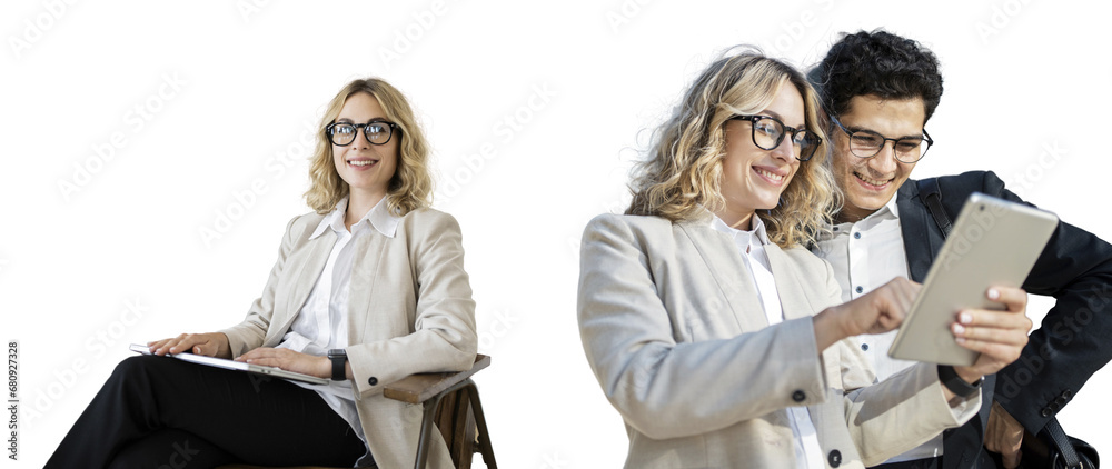 © muse studio - Business people a woman and a man use a tablet banking application for a loan. A business woman is sitting in a manager's chair, smiling happily. Isolated background.