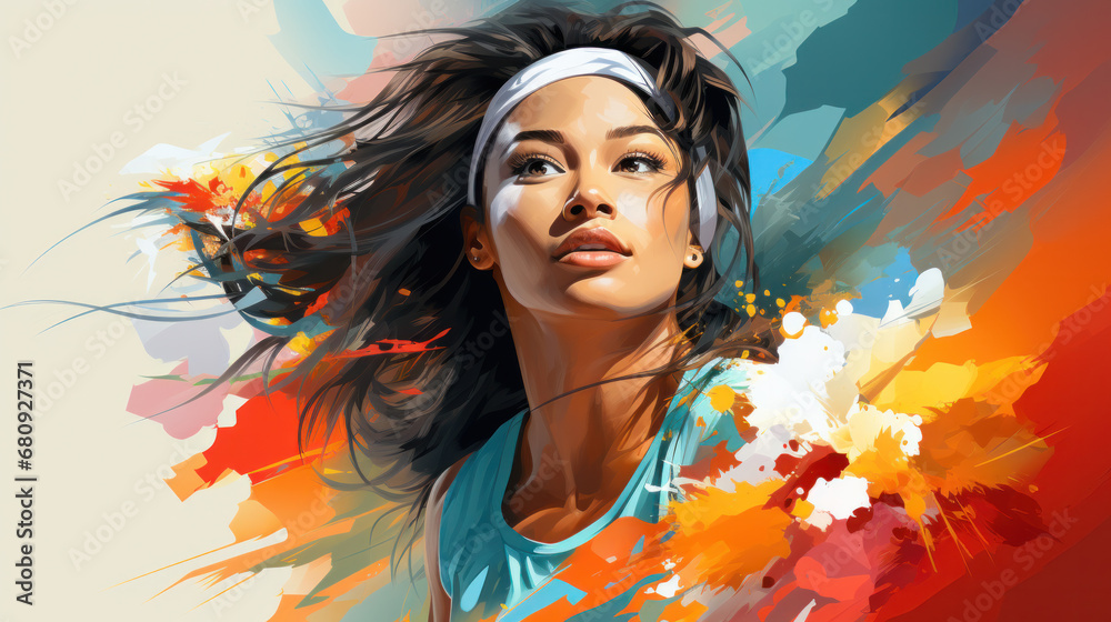 Athletic young woman, volleyball player team. Contemporary art collage. Concept of sport, active and healthy lifestyle, inspiration and creativity. - obrazy, fototapety, plakaty 
