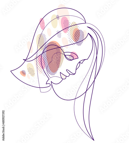 Woman beauty face vector linear illustration, delicate line art of attractive girl portrait, abstract feminine drawing minimal style isolated.