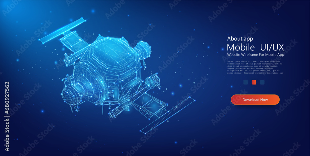 Obraz premium The satellite isolated on blue background. Wireless satellite technology, communication or network concept. Satellite from lines and triangles. Vector illustration