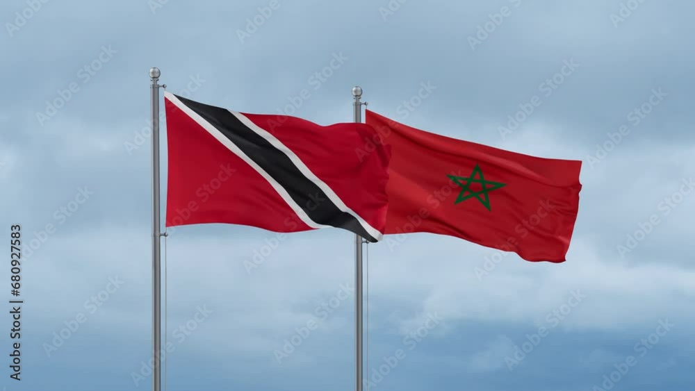 Morocco flag and Trinidad and Tobago flag waving together on cloudy sky, endless seamless loop, two country relations concept Morocco flag and Trinidad and Tobago flag waving together on cloudy sky, endless seamless loop, two country relations concept