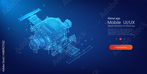 The satellite isolated on blue background. Wireless satellite technology, communication or network concept. Satellite from lines and triangles. Vector illustration