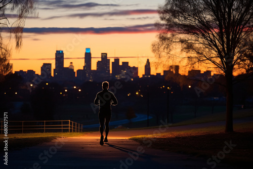 A dynamic, early morning scene featuring a determined jogger, embarking on a New Year's fitness resolution. The setting is a tranquil city park just before sunrise, with the city sk © Christian