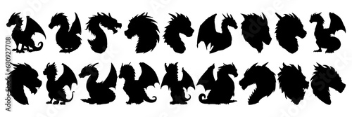 Dragon silhouettes set, large pack of vector silhouette design, isolated white background