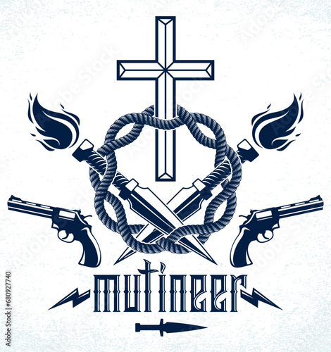 Gangster thug emblem or logo with Christian Cross, weapons and different design elements , vector tattoo, anarchy and chaos, dead rebel partisan and revolutionary.