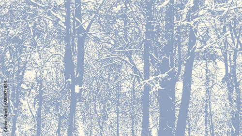 Vector abstract dirty grunge background with tree branches chaotic tangled in winter with snow on it.