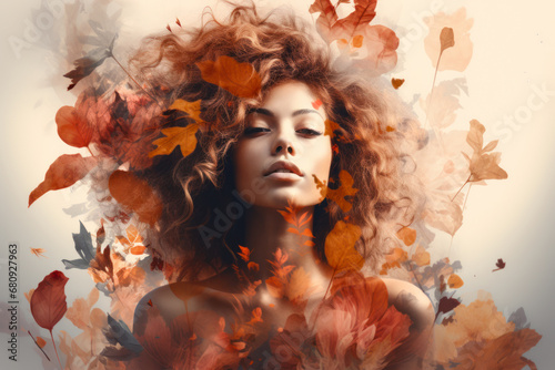 mindful double exposure portrait of an african american woman with autumn leaves on white background © mimagephotos