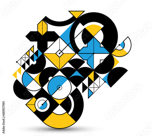 Abstract geometric artistic vector background, Bauhaus style wallpaper with circles triangles and lines, pattern artwork geometrical abstraction.