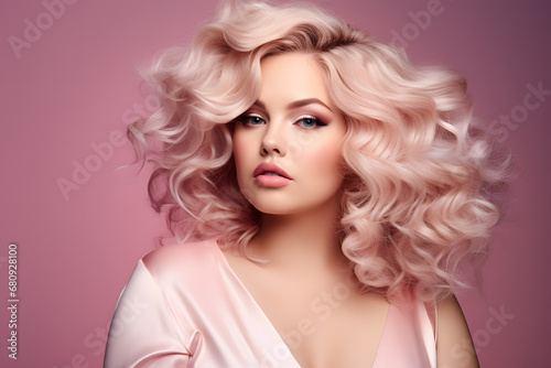 Portrait of beautiful plus size woman with wavy strawberry blond hair in fornt of pink background