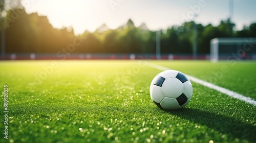 Soccer ball on the green field of stadium. Close-up © Argun Stock Photos