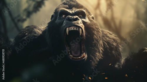 Angry aggressive monkey gorilla in jungle. Screaming king kong in forest. create using a generative ai tool 