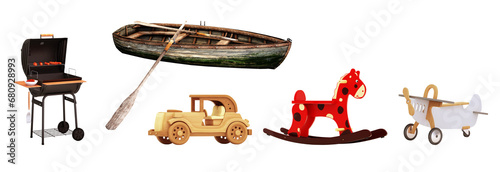 3d images of various types of Stoves, wooden boats, toy cars, wooden horses and toy airplanes. Everything is made of wood with png.file