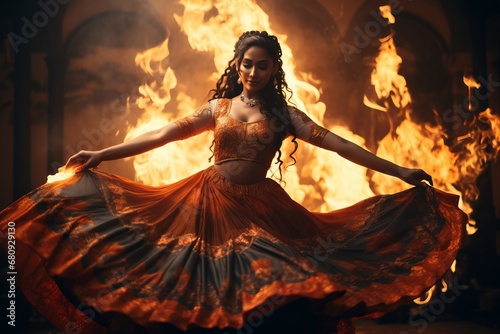 Dancing in the Flames: A Graceful Woman in a Long Dress Moves to the Rhythm of the Fire