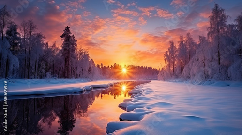 Winter sundown landscape, winter sunset view  © reddish