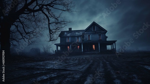 Haunted house, old worn-down abandoned home, creepy and spooky. create using a generative ai tool 