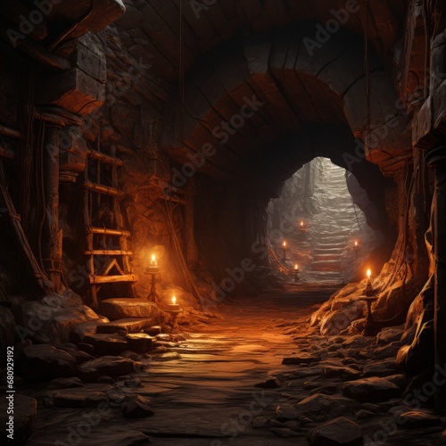 a stone tunnel with stairs and candles