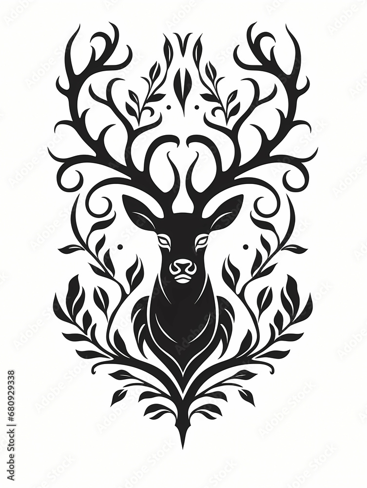 A Black And White Drawing Of A Deer With Leaves - Black silhouette stag on white background