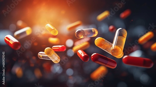 
Pharmacy and medicine, antidepressant and vitamin concept. Group of pills and medicine capsules flying. Close-up. create using a generative ai tool 
