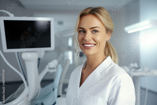 Smiling women dentist at work. Women dentist in her office. Work. AI. 
