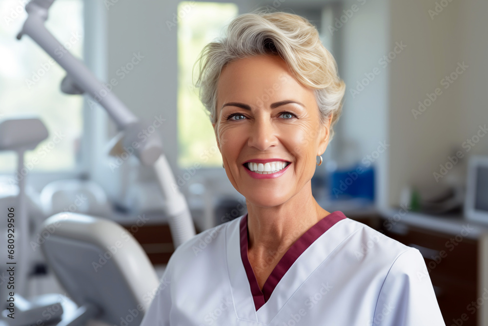Smiling women dentist at work. Women dentist in her office. Work. AI. Smiling women dentist at work. Women dentist in her office. Work. AI.