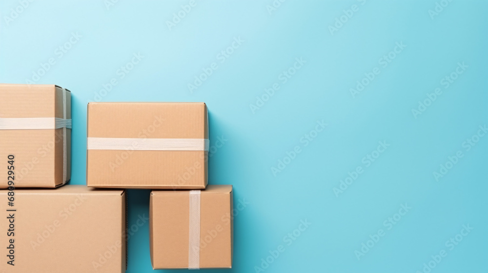 Cardboard boxes on blue background with copy space. 3D rendering Cardboard boxes on blue background with copy space. 3D rendering