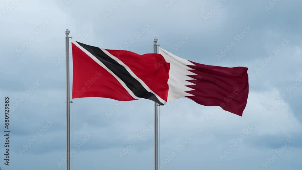 Qatar and Trinidad and Tobago flag waving together on cloudy sky, endless seamless loop, two country cooperation concept Qatar and Trinidad and Tobago flag waving together on cloudy sky, endless seamless loop, two country cooperation concept