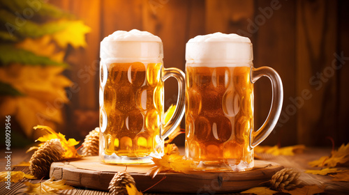 Two mugs of beer on a wooden background. Autumn still life
