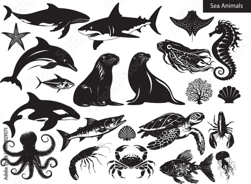 Set animal Silhouette, sea animal silhouette set, whale, dolphins, tuna, starfish, stingray, jelly, fish, turtle, sea horse, sea seal, crab, coral, shrimp
