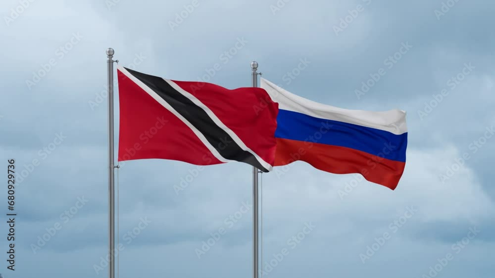Russian Federation and Trinidad and Tobago flag waving together on cloudy sky, endless seamless loop Russian Federation and Trinidad and Tobago flag waving together on cloudy sky, endless seamless loop