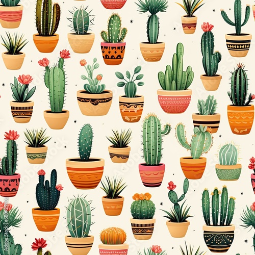 seamless pattern with blooming multicolored cacti cactus with flowers on white background