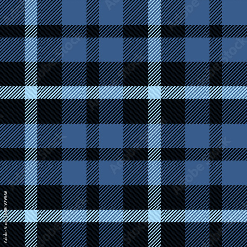 Lumberjack plaid check pattern in black and cobalt blue collection. Scottish seamless tartan with harringbone classic line grid for textile.