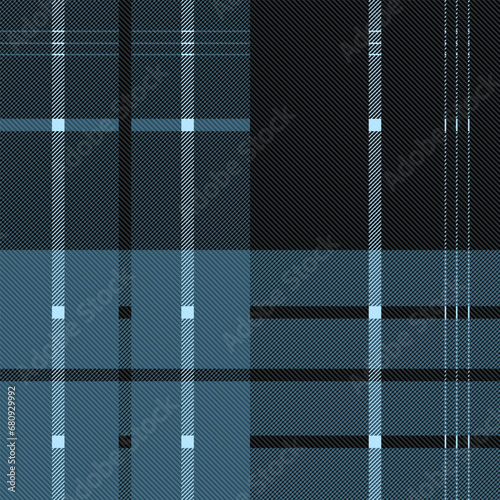 Lumberjack plaid check pattern in black and cobalt blue collection. Scottish seamless tartan with harringbone classic line grid for textile.