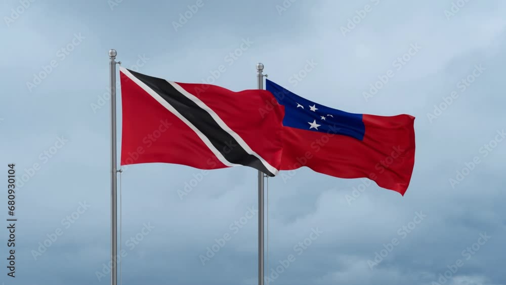 Samoa and Trinidad and Tobago flag waving together on cloudy sky, endless seamless loop, two country cooperation concept Samoa and Trinidad and Tobago flag waving together on cloudy sky, endless seamless loop, two country cooperation concept