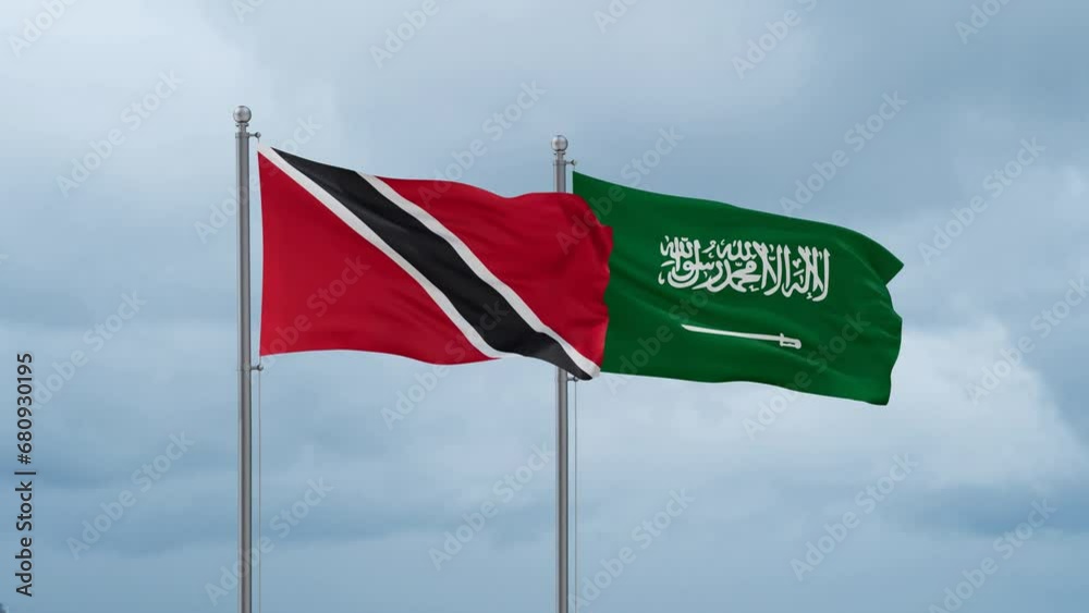 Trinidad and Tobago and Saudi Arabia flags waving together on cloudy sky, endless seamless loop Trinidad and Tobago and Saudi Arabia flags waving together on cloudy sky, endless seamless loop