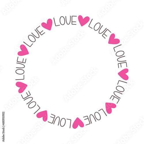 Logo del día de San Valentín. Marco circular con silueta de corazones y palabra love para su uso en felicitaciones y tarjetas