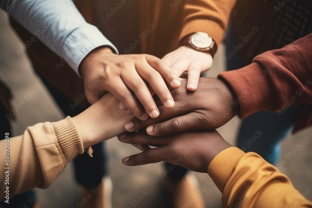Many hands of different races and ethnicities. United for equality. Diverse group of people united team, fighting against discrimination. Generative ai. - obrazy, fototapety, plakaty 