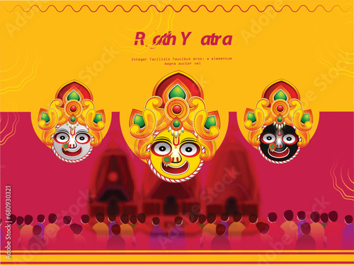 Happy Rath Yatra holiday background celebration for Lord Jagannath, Balabhadra and Subhadra.Vector illustration