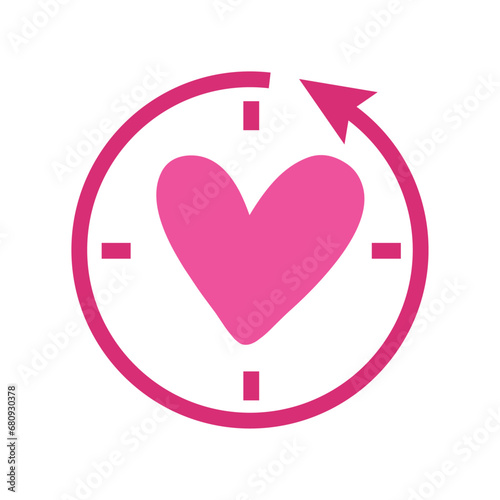 Logo love time. Silueta de corazón con esfera de reloj simple con líneas con forma de flecha en círculo para su uso en felicitaciones y tarjetas de San Valentín