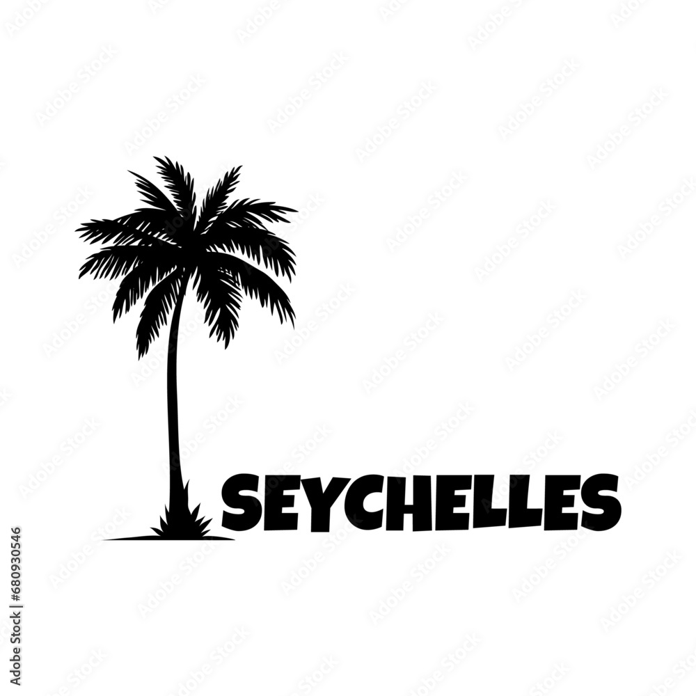 Logo vacaciones de verano. Letras de la palabra Seychelles en la arena de una playa con silueta de palmera