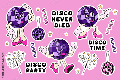 90s style sticker set with female disco ball character. Vintage funny cartoon character, disco party related items, groovy hand drawn lettering. Perfect for printout, stickers, prints