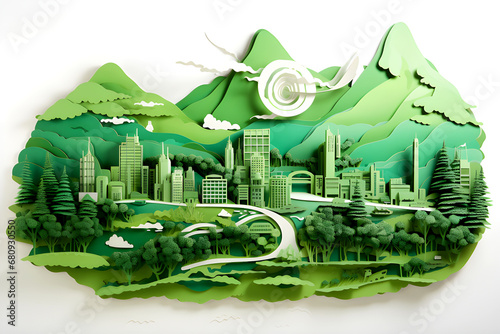 Green city nestled among mountains and forests. Paper art design showing urban and natural landscapes combined harmoniously