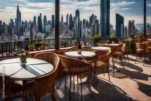 Rooftop Setting with Tables and Chairs on a Terrace, Creating a Culinary Haven with Urban Views"