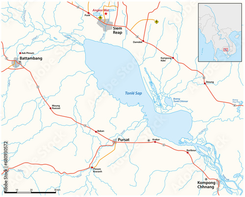 Vászonkép Vector map of Cambodian Lake Tonle Sap