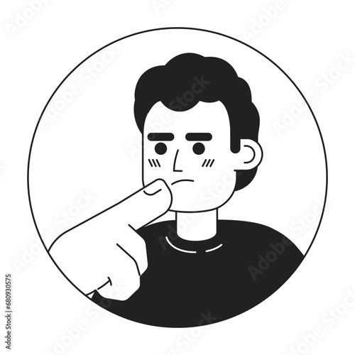 Spanish latin american male touching chin black and white 2D vector avatar illustration. Curly hair latino guy thoughts staring outline cartoon character face isolated. Making decision flat portrait