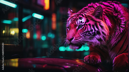 tiger on the street in neon color photo