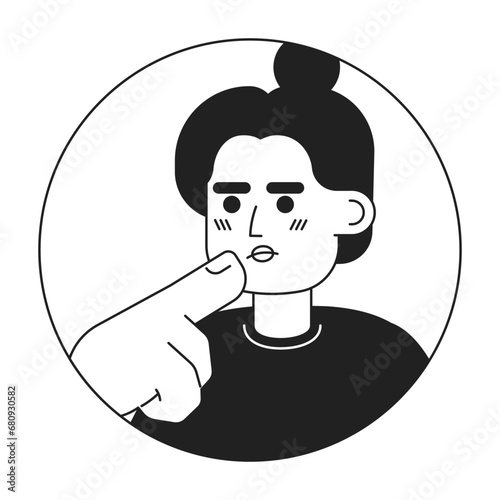 Top knot bun latina woman stroking chin black and white 2D vector avatar illustration. Hispanic girl thinking hard outline cartoon character face isolated. Choice making. Hand gesture flat portrait