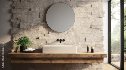 Minimalistic bathroom featuring a natural stone