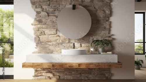 Minimalistic bathroom featuring a natural stone
